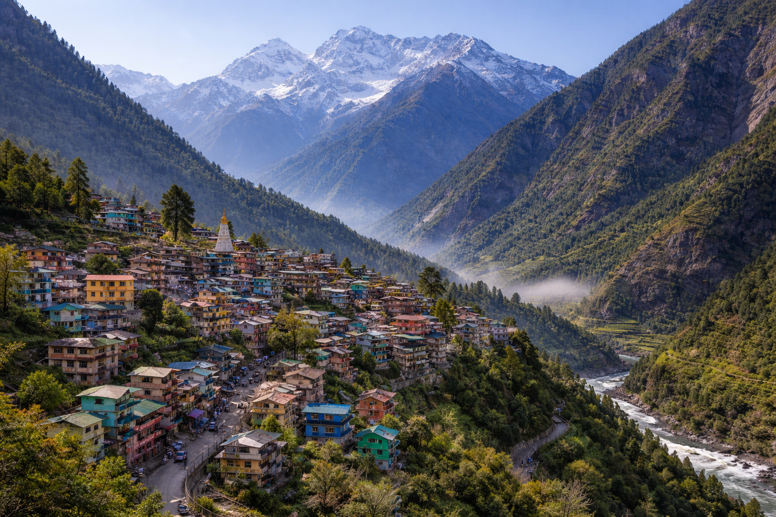 Beautiful view of Joshimath town in Uttarakhand surrounded by Himalayan mountains